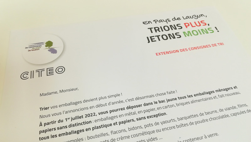 Courrier Campagne de communication Gestion des déchets - Communauté de communes Pays de Lauzun - Lot-et-Garonne - Adékoi communcation